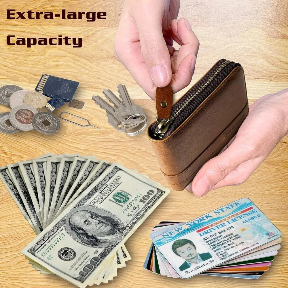 Men's Genuine Leather Dark Tan Short Zip Around Pockets Bifold Wallet Card